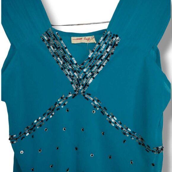 Mimi Singh Womens Dress‎ Sz Small Turquoise Silk Chiffon Beaded Asymmetrical Hem - Picture 6 of 11